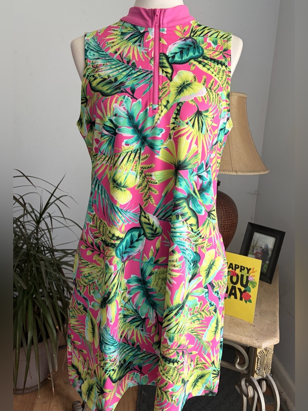Tommy Bahama Pink Tropical Leaf Sleeveless Dress With Pockets & Front Zip Size L - Picture 2 of 16